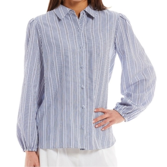 Alex Marie Navy and White Striped Button-Down Shirt Casual Business - Picture 1 of 13